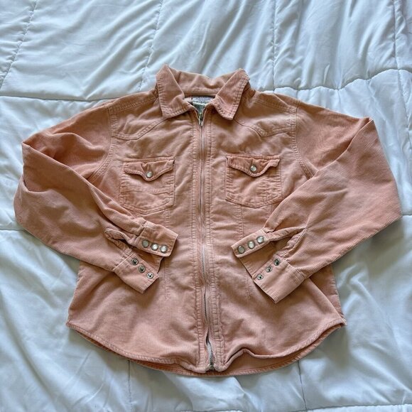 Jeanswear Jackets & Blazers - VTG 1980s Jean Jacket Women Small Corduroy Collar Barn Coat Coral Orange Y2K 90s